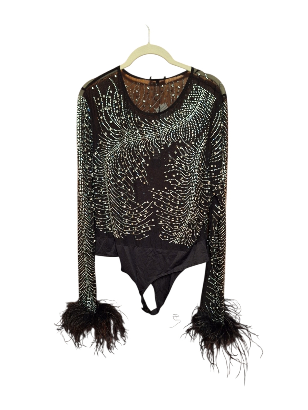Fashion Nova Starry Night Rhinestone Feather Bodysuit SHEER Ladies 1X SHEER NWT - Picture 2 of 5